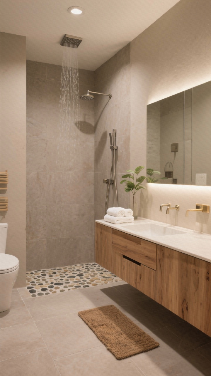 Wide shot, tranquil ambiance: Spa-serene zen bathroom with warm greige walls and light taupe large-format floor tile that visually expands the space. Warm wood floating vanity with flat-front drawers, backlit LED mirror providing both task and ambient glow. Shower features pebble mosaic floor and matte stone-look porcelain walls, with a ceiling-mounted rainfall showerhead and slim hand shower. Brushed nickel/champagne hardware, teak bath mat, rolled white towels, and a single live plant. Photorealistic, calm retreat mood.