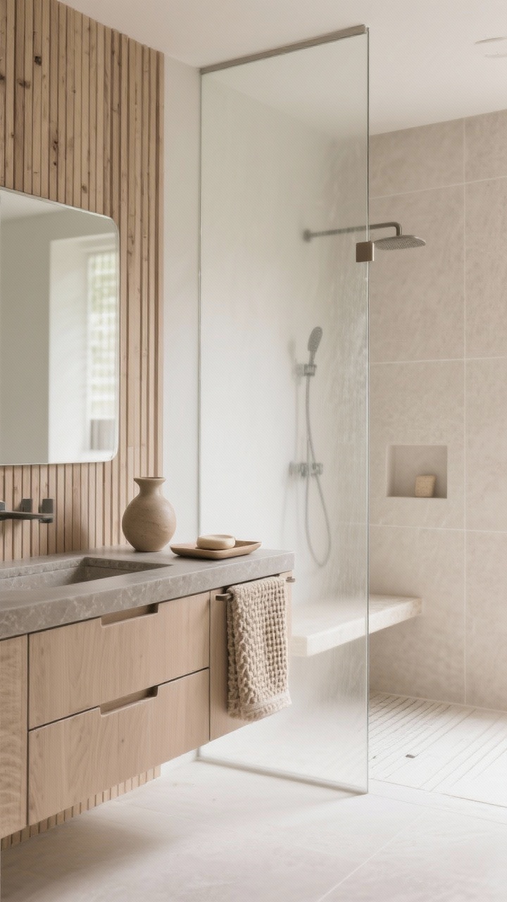 Wide shot, tranquil perspective: Japandi Serenity Suite with light ash wood slat wall behind a low-profile floating cabinet with finger-pull drawers. Smooth matte stone counters and a frameless mirror create clean lines. The shower features frosted glass and pale porcelain tile with a built-in bench and linear drain. Soft diffused lighting; accessories limited to a single ceramic tray, a low ceramic vase, hand-thrown soap dish, and waffle-knit towels in oat. Palette of sand, warm white, muted taupe, photorealistic.