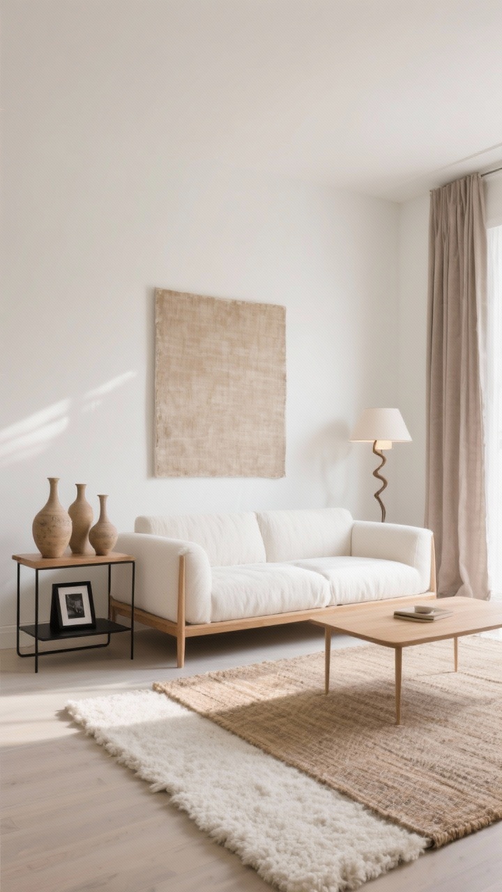 Wide shot, Warm Minimalist Haven living room: creamy white walls, soft taupe linen curtains, layered rugs (flatweave base with a plush off-white pile on top), low-profile bouclé or linen sofa in off-white, slim light oak coffee table, single sculptural floor lamp casting a warm glow. Above the sofa hangs a large textured canvas in sandy tones; on a light oak console sits a cluster of handmade ceramic vases. Add thin black metal side table and matte black photo frames as sharp accents. Natural afternoon light, uncluttered, photorealistic.
