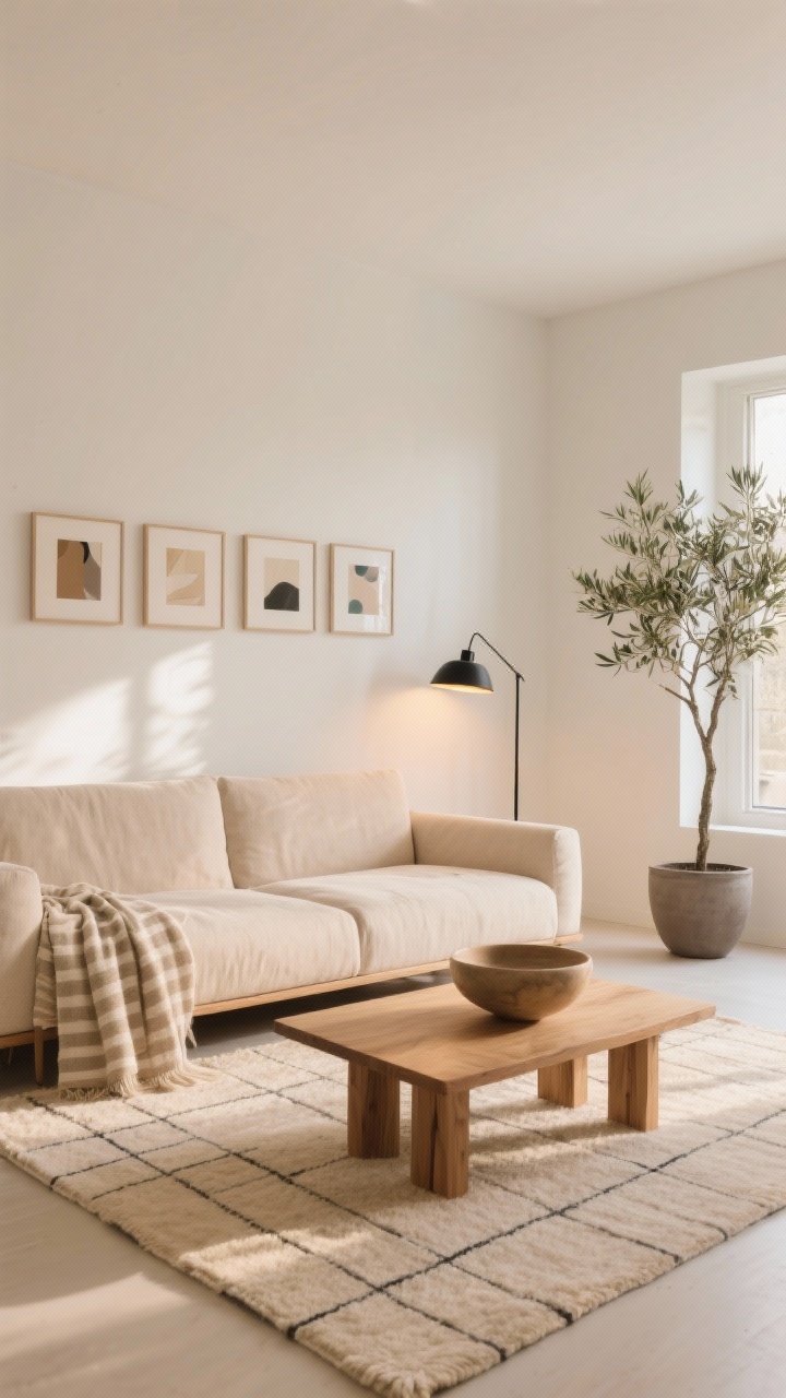 Wide shot, Warm Minimalist Living Room: A serene, sunlit living room in oatmeal, sand, and warm white tones, featuring a low-profile linen sofa with clean lines, a beige wool rug with a subtle grid pattern, and a solid oak coffee table centered on the rug. A neat row of small, unframed abstract prints lines the wall above the sofa for smooth visual flow. Styling includes a sculptural ceramic bowl on the coffee table, a neutral striped throw draped over the sofa arm, and a slim black floor lamp beside the sofa. One tall olive tree stands in a matte planter near the window. Lighting is soft white daylight with a single warm-glow lamp turned on for a gentle evening ambiance; photorealistic, straight-on perspective.