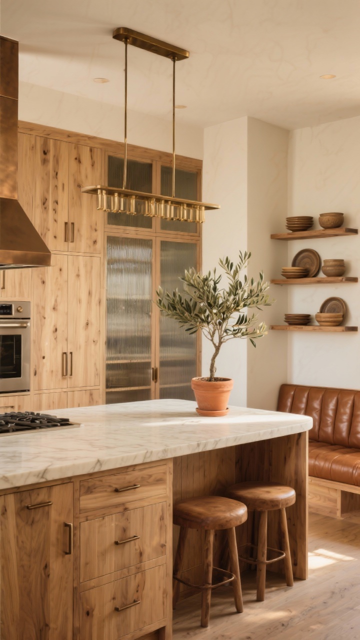 Wide shot, warm modern oak and bronze: rift-cut white oak flat-panel cabinetry with matte finish, integrated pulls, creamy quartz counters with subtle veining, oil-rubbed bronze hardware and a streamlined hood, an island with a gentle radius end for seating, tailored caramel leather banquette built into a nook, linear bronze chandelier above, floor-to-ceiling pantry doors with reeded glass, stoneware dinnerware styled on open shelves, an olive tree in a terracotta pot; golden-hour warmth enhancing wood grain.