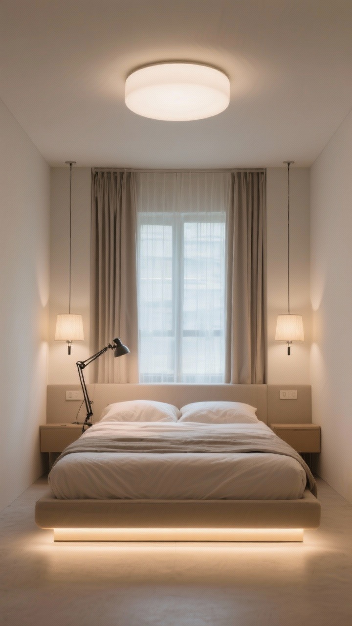 Wide shot with layered lighting: A compact bedroom showcasing a diffused semi-flush ceiling light, slim wall sconces flanking the bed, an adjustable clamp-on task lamp at the headboard, and a subtle LED strip glow under the bed and behind the headboard. Window dressed with curtains hung high and wide—sheer panels layered with blackout drapes in a light neutral tone. Keep lampshades light-colored and translucent. Capture the room straight-on to emphasize light distribution and openness.