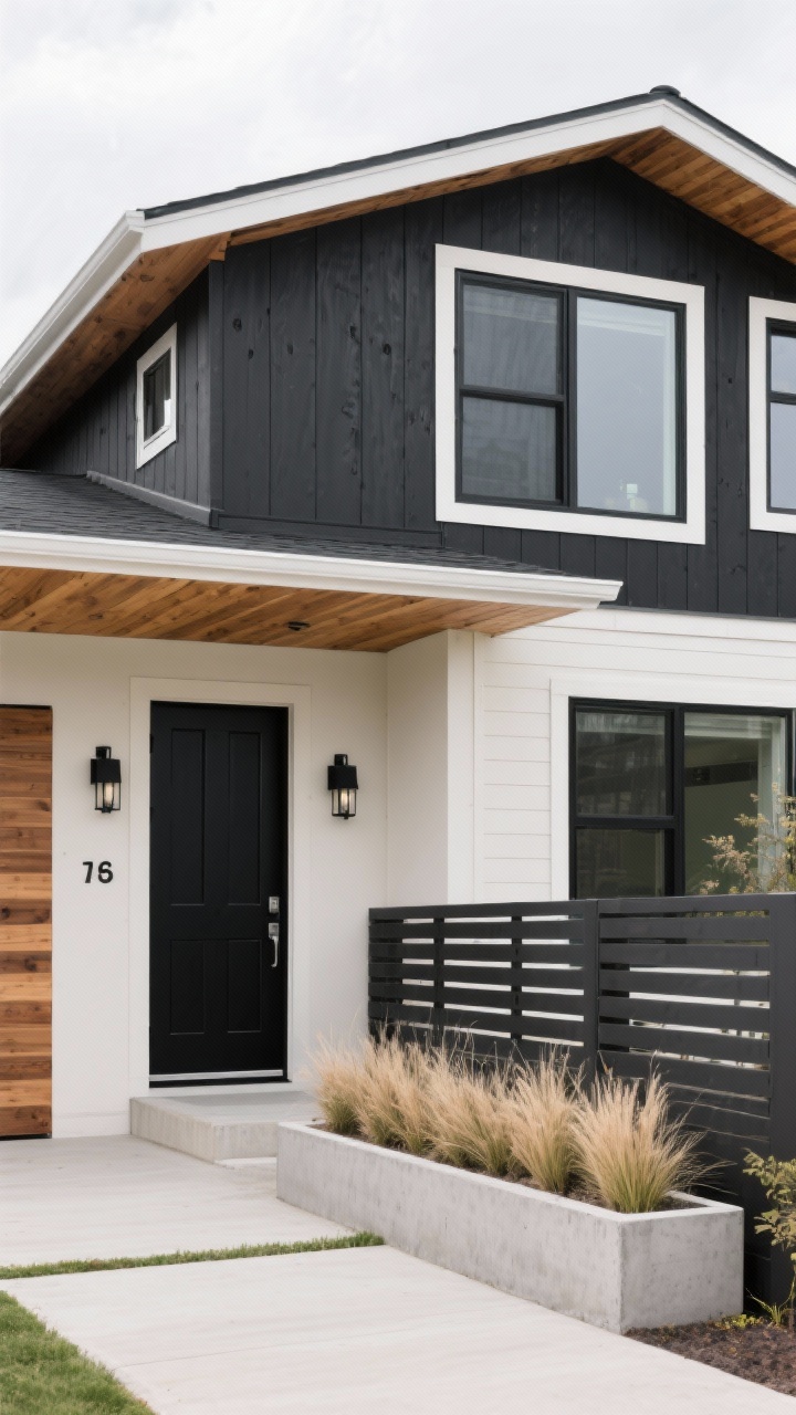 Wide, straight-on exterior shot of a modern home with deep, velvety charcoal-black matte/eggshell siding and ultra-white trim around windows and fascia; warm natural cedar accents in soffits, a wood-lined porch ceiling, and a slatted horizontal privacy screen; natural-stained cedar front door and matching horizontal fence; black-framed windows, oversized black sconces flanking the door, minimalist black house numbers; long concrete planter with low-maintenance ornamental grasses; clean, minimalist landscaping; bright overcast daytime lighting to emphasize crisp lines and soft graphite undertone; photorealistic.