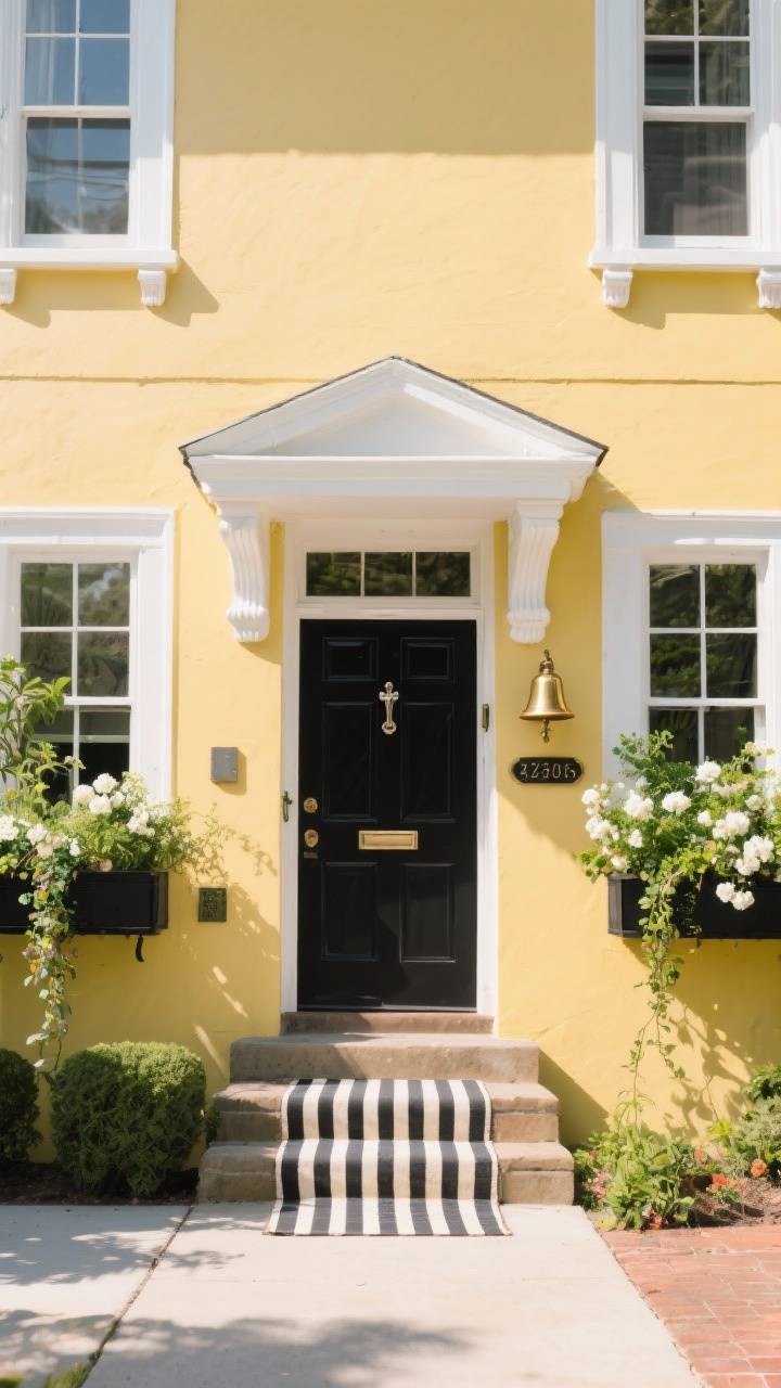 Wide, straight-on facade of a character home painted in muted mustard/yellow ochre body color; bright white trim on cornices, window frames, and brackets; an ink-black front door with polished nickel knocker; black window boxes overflowing with trailing greens and white blooms; a striped runner on the steps and a vintage-style address plaque; a small cheerful brass bell by the door; sunny daylight for a playful, sunlit mood; photorealistic.