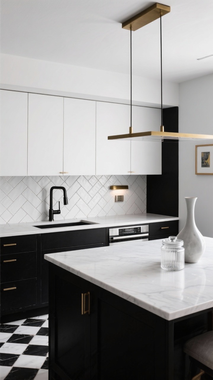 Wide, straight-on graphic monochrome kitchen: rich black lower cabinets, crisp white uppers; feature wall or floor in bold black-and-white patterned tile; herringbone white backsplash with dark grout for dimension; mixed metals—polished chrome faucet, black hardware, and a brass picture light illuminating framed art; linear pendant over the island echoing geometry; minimal decor with clear glass canisters and a single sculptural vase; high-contrast, editorial lighting, photorealistic, no people.