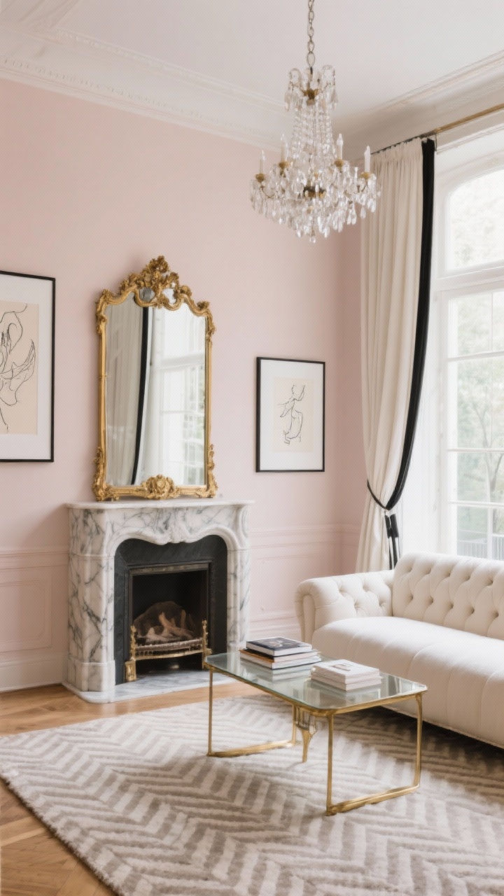 Wide, straight-on Parisian-inspired living room: blush beige walls that read neutral in north light; tufted cream sofa centered; antique-style gilt mirror above a marble fireplace surround (realistic or faux); herringbone rug under a petite brass-and-glass coffee table with a few line-drawing art books; line drawing artwork with wide white mats on the wall; crystal chandelier throwing delicate highlights; off-white drapes with sharp black trim framing the window; elegant, soft, Left Bank chic, photorealistic.