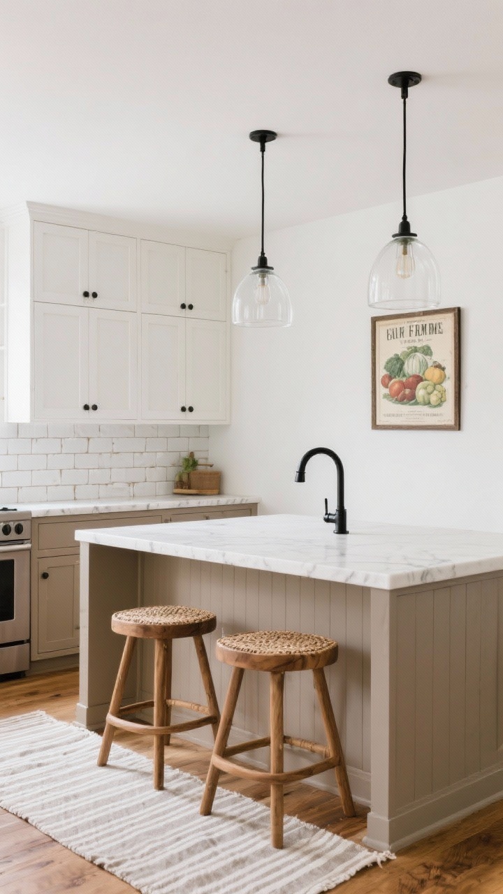 Wide, straight-on photorealistic shot of a Modern Farmhouse kitchen: soft white shaker uppers with matte black hardware, lower cabinets in warm greige/mushroom taupe, handmade-look white subway tile backsplash with slightly imperfect edges, white quartz countertops with faint veining, two clear glass pendants over a white quartz island, rubberwood/oak counter stools with woven seats, black gooseneck faucet, a framed vintage produce print on the wall, and a striped linen runner on the floor; warm wood accents and soft natural daylight.