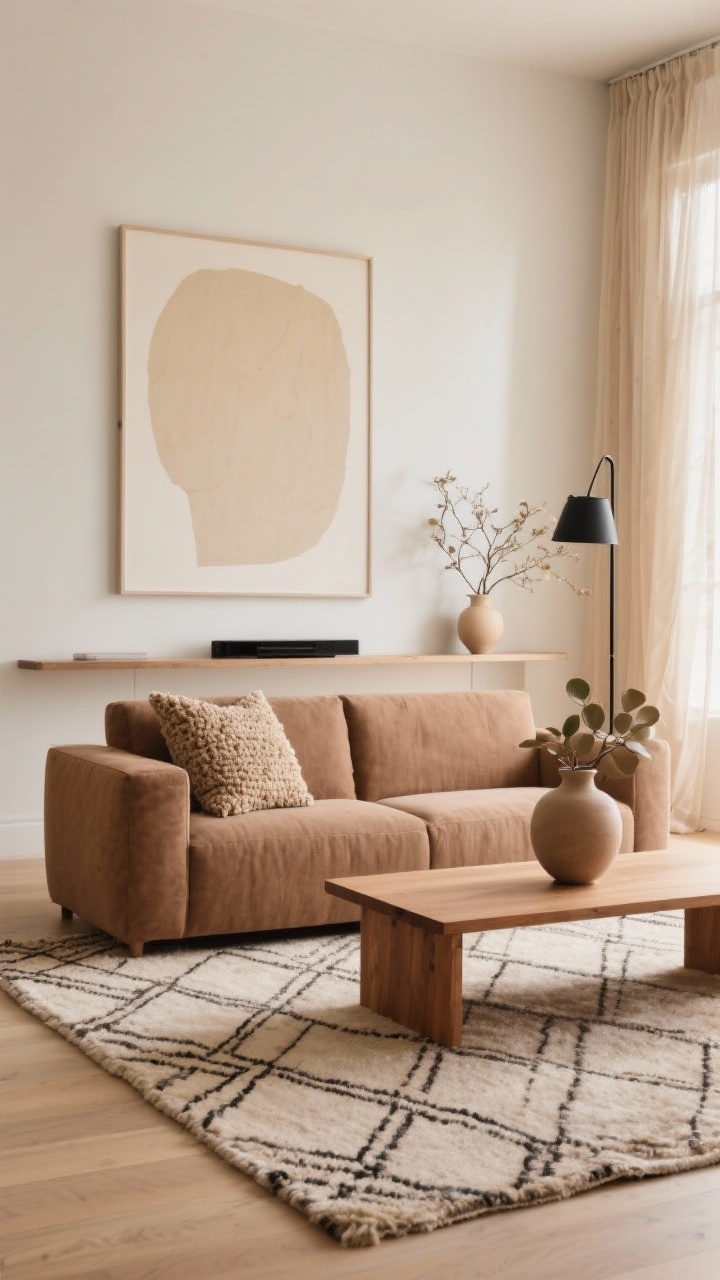Wide, straight-on photorealistic shot of a warm minimalist living room: low-profile linen sofa in warm taupe on a wool rug with a subtle geometric weave; palette of sand, clay, cream, and mushroom with matte black accents. Rectangular oak coffee table, slender black metal floor lamp, long floating airy media console. Minimal styling: nubby boucle textured throw pillows, a sculptural ceramic vase with leafy branches, sheer oat curtains diffusing natural light. One oversized abstract print with creamy negative space above the console. Soft, serene daylight, no people.