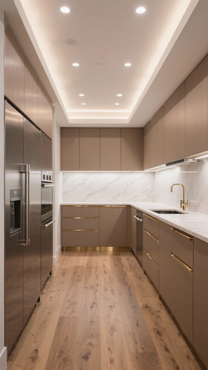 Wide, straight-on shot: A serene gallery-like kitchen with a precise recessed downlight grid evenly illuminating work zones, plus a hidden LED cove running the upper perimeter washing walls and ceiling with a soft halo; handleless warm taupe cabinetry with touch-latch doors, satin-finish stone-white quartz counters, and a seamless slab backsplash; integrated fridge panels and flush toe-kicks; wide-plank oak flooring with a matte oil finish; champagne aluminum accents; photorealistic, clean and uncluttered, calm ambiance.