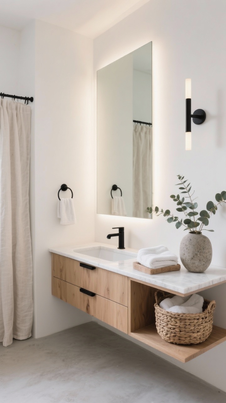 Wide, straight-on shot of a Scandinavian spa bathroom: a floating slab-front white-oak vanity with matte-black pulls and a slim black faucet, topped with white quartz with an integrated sink. Warm white walls, pale gray microcement floor, and a large frameless backlit mirror glowing softly. Black towel hooks, linear sconces, a soft linen shower curtain. Styling includes a woven basket with neatly folded hand towels and a eucalyptus sprig in a stone vase. Bright, diffused natural light for an airy, calm mood, photorealistic.