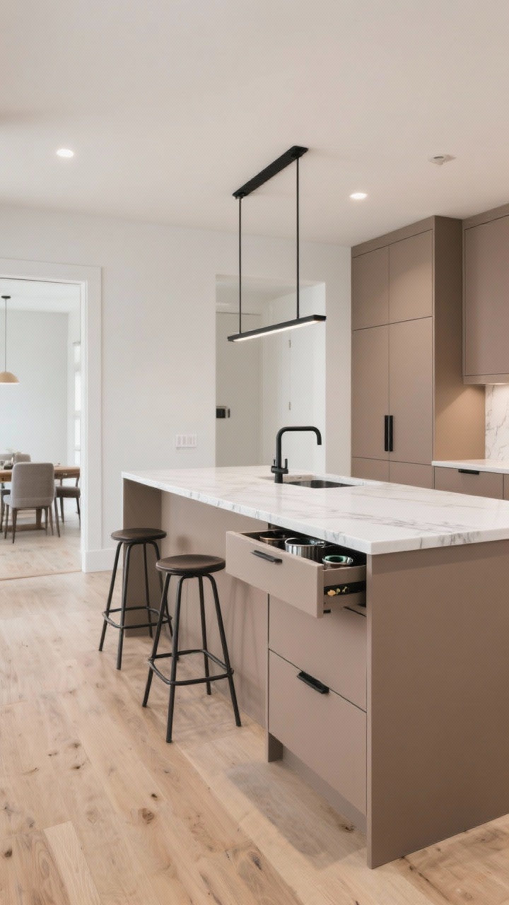 Wide, straight-on shot of a slim 16–20-inch-deep peninsula with a soft white quartz waterfall edge with faint gray veining, attached on one end to base cabinetry; warm taupe frameless cabinets with matte black pulls, pale oak floors, a single black metal linear pendant centered over the surface, two bar stools tucked on the outer edge, under-peninsula storage showing two deep drawers for pots and a hidden recycling pull-out, bright but glare-free lighting, minimal hardware, clean pass-through to dining, no people, photorealistic.