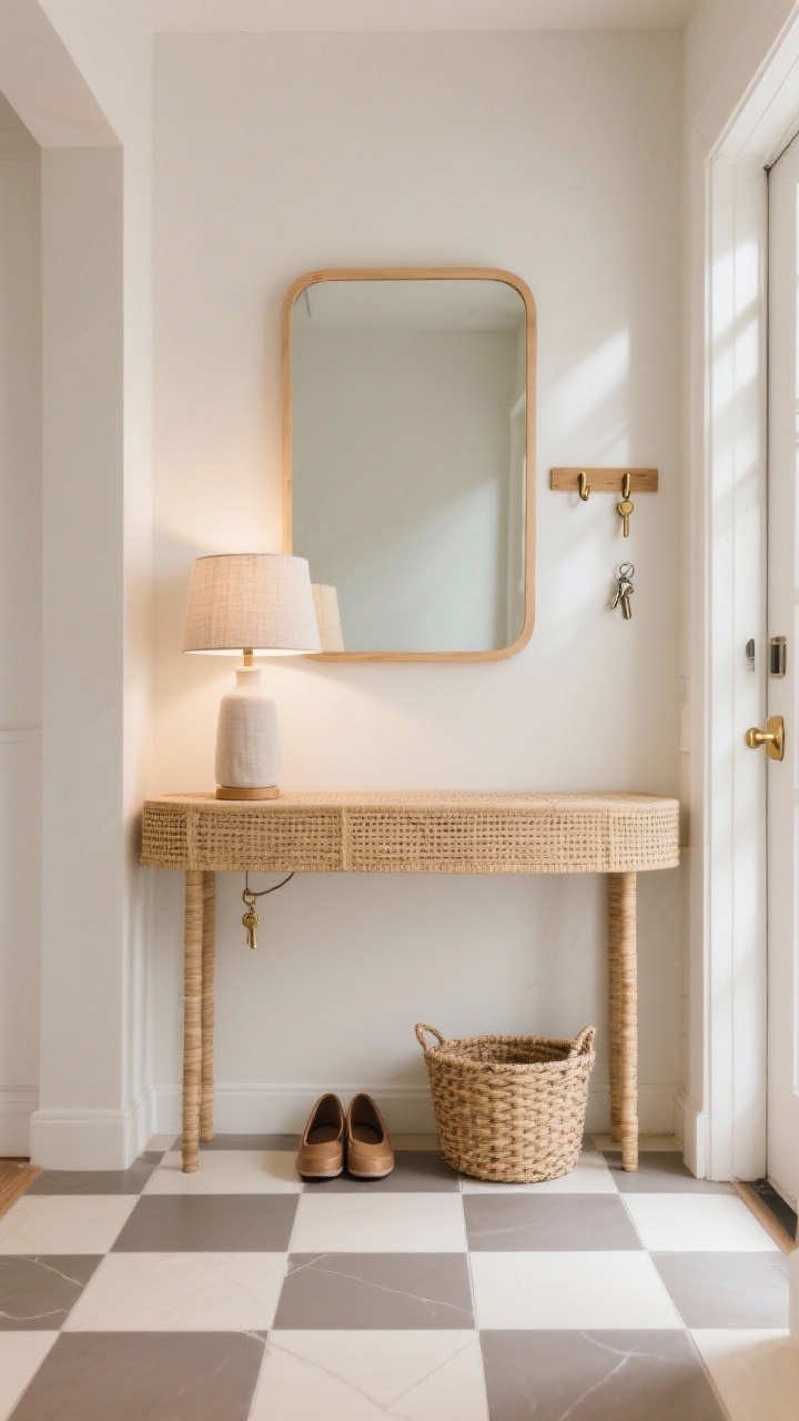 Wide, straight-on shot of a tidy entryway featuring peel-and-stick checkerboard floor tiles in warm gray and cream with a matte finish; a slim rattan console topped with a linen-covered lamp casting a soft glow; a light oak framed mirror above it hung with removable hooks; a small woven basket tucked beneath for shoes; brushed brass accents for keys on Command hooks; neutral walls and natural morning light for a soft modern look, no people, photorealistic.