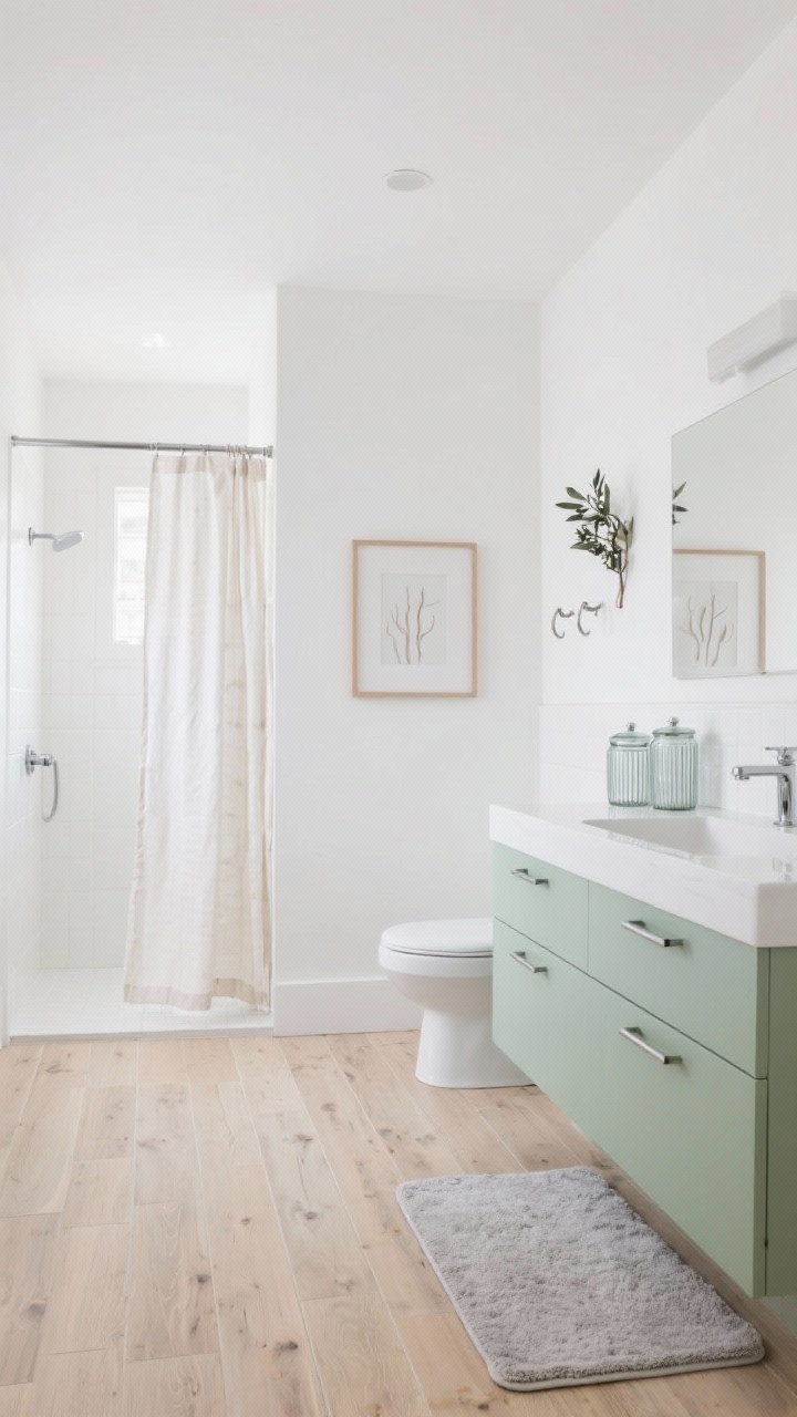 Wide straight-on shot, Scandinavian Fresh: photorealistic pale oak-effect porcelain planks laid straight with neutral sand-toned grout for seamless look. White walls, vanity painted soft sage green with slimline matte chrome handles. Simple linen shower curtain, minimal birch frame artwork. Accents: ribbed glass canisters on vanity, soft gray bath mat, eucalyptus hooks on wall. Fixtures in brushed stainless. Bright, clean natural light; airy, uncluttered vibe.