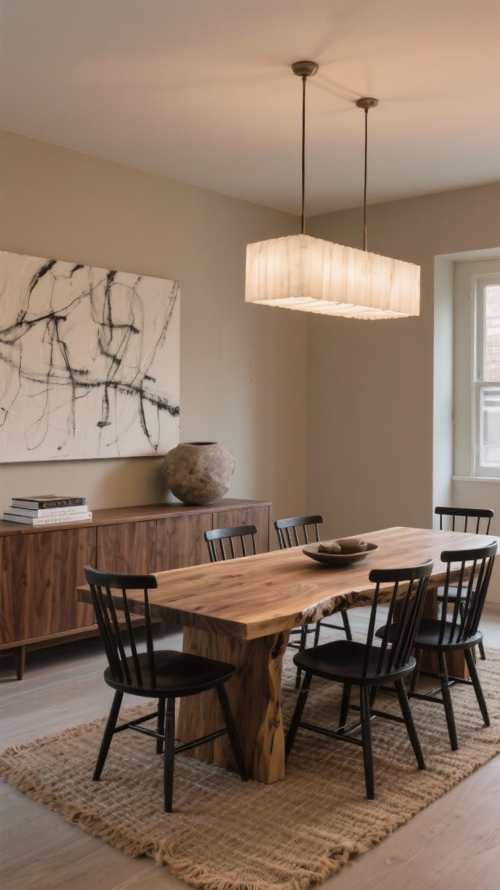 Wide, straight-on view of a gallery-quiet dining room with a solid oak live-edge dining table and black spindle-back chairs, a linear alabaster chandelier dimmed low above, walls in warm greige, a low long smoked oak sideboard styled with a large textural stone vessel and a couple of hardcover art books, and a single oversized abstract canvas in chalk and charcoal; natural jute runner under the table; palette greige, smoked oak, chalk white, charcoal; evening glow, photorealistic.