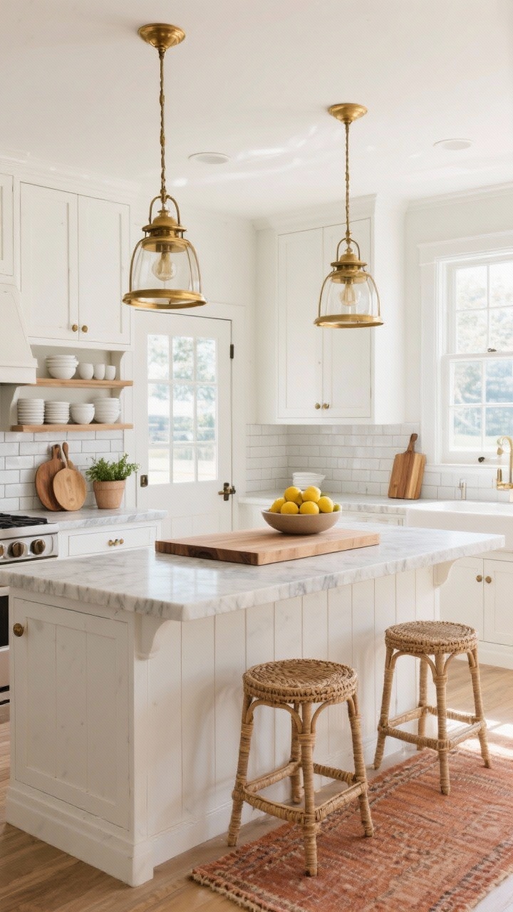 Wide, sun-drenched coastal-inspired white kitchen shot: creamy white shaker cabinets, thick marble/quartz countertops, generous butcher-block island with two oversized warm brass lantern pendants above; brushed brass pulls, natural woven barstools at the island, simple white subway tile backsplash with soft gray grout, low-pile vintage runner in muted terracotta, open shelves with stacked white ceramics, wooden cutting boards, and a small herb pot; a Dutch door and big windows flooding the space with light; bowl of lemons on the island; relaxed, polished, movie-ready atmosphere, photorealistic.