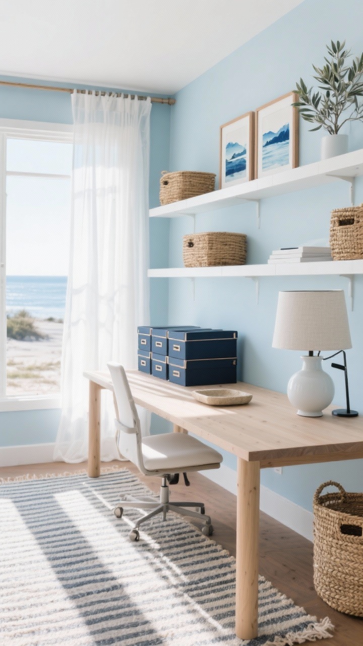 Wide, sunlit coastal modern office with powder blue walls, a light ash wood desk, and crisp white shelving; striped flatweave rug, woven seagrass baskets on the shelves, white ceramic lamp with a linen shade on the desk; matte navy file boxes neatly stacked; desk kept clear except a small sandstone tray and a slim monitor stand; sheer curtains maximizing natural light with an adjustable desk lamp; art of watercolor landscapes or indigo dye prints in thin maple frames; soft-toned greenery like a silvery olive tree; breezy, clean mood.