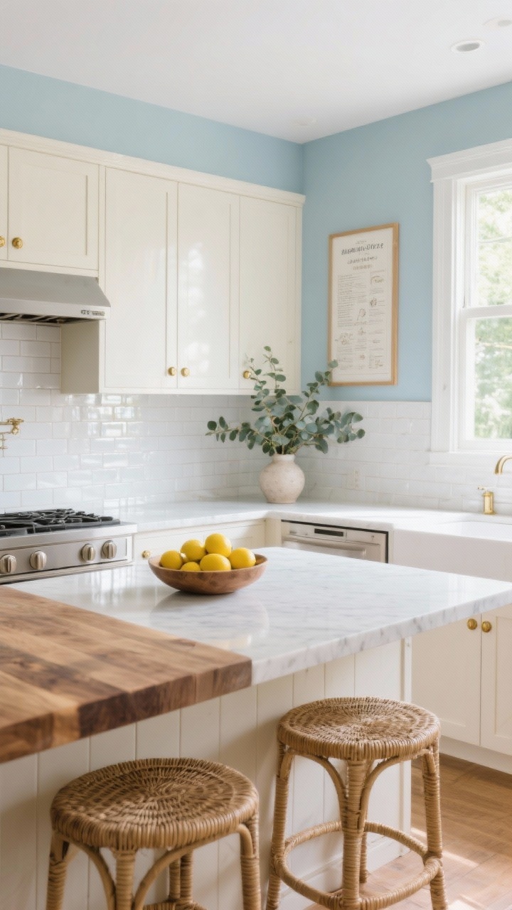 Wide, sunlit kitchen scene with powdery sky blue walls (light, not saturated), soft white to warm cream cabinetry with brass knobs, white quartz counters, a butcher block island, rattan counter stools, glossy white subway tile backsplash; styled with a bowl of lemons, eucalyptus in a vase, and framed recipe art; bright, fresh morning light with gentle reflections off glossy tile, photorealistic.