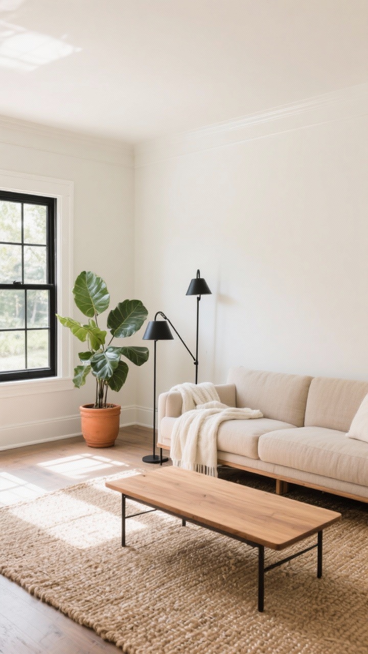 Wide, sunlit living room with walls painted Sherwin Williams Alabaster (SW 7008, eggshell) and trim in Pure White (SW 7005, satin); a low-profile warm oatmeal linen sectional layered with plush ivory throws sits on a natural jute rug; slim oak coffee table with minimal styling; matte black window frames cast soft daylight; slender black iron floor lamps flank the sofa; terracotta planters with a large leafy fiddle-leaf fig add warmth; accents in black metal, oak wood, and woven textures; airy, calm, photorealistic.