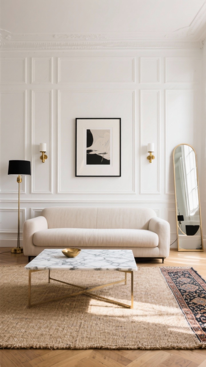 Wide, sunlit Modern Parisian living room shot: warm white walls with peel-and-stick picture frame molding in a precise grid, bright white trim contrast; slim low-profile oatmeal linen sofa facing a faux-marble coffee table (marble-contact-paper finish) on a neutral jute rug layered with a petite vintage-inspired Persian runner in front of the sofa; a pair of plug-in sconces in antique brass flanking a large art print above the sofa; soft black accents, antique brass details, and a tall leaning floor mirror reflecting light; clean lines, chic Parisian vibe, photorealistic.