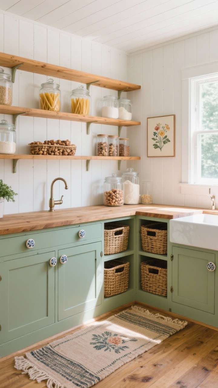 Wide, sunlit straight-on view of a cottage pantry: soft sage lower cabinetry with latching doors and ceramic knobs, open honey oak shelves above, white beadboard backdrop, warm butcher block countertop, farmhouse bridge faucet; clear glass jars filled with pasta, nuts, flour; woven rattan baskets on lower shelves; vintage-inspired runner on the floor and small floral art on the wall; palette sage, honey oak, crisp white; bright natural daylight streaming in; photorealistic.