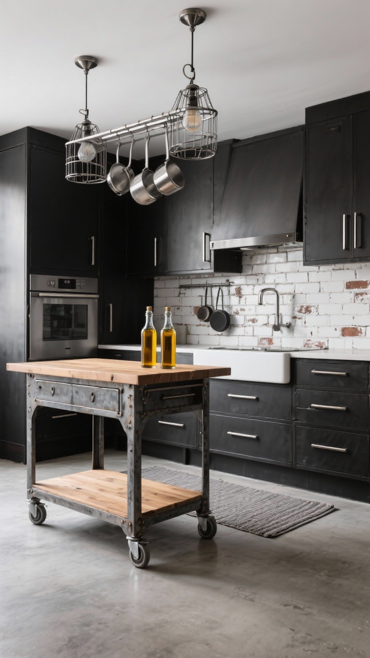 Wide, three-quarter angle of an industrial edge kitchen: matte black cabinets with brushed steel bar pulls, white painted peel-and-stick faux brick backsplash with slight distressing, a workbench-style cart island with wood top and metal frame, cage pendant lights above, stainless-steel pot rail with hanging cookware, a concrete-look runner on the floor, and a pair of amber glass bottles with olive oil on the counter; mix of metal, wood, and stone textures under crisp, contrasty lighting; photorealistic.