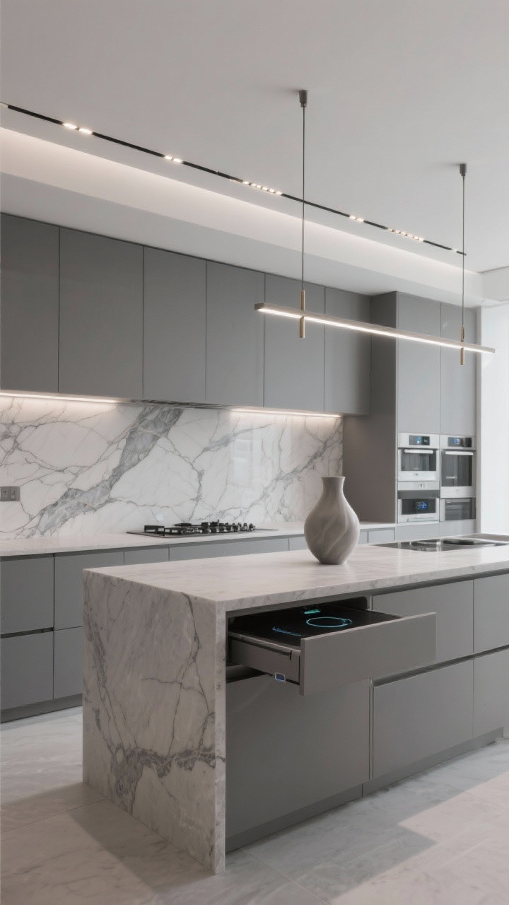 Wide ultra-contemporary kitchen, sleek and tech-forward: sintered stone countertops in a soft cement look, seamless; bookmatched sintered stone backsplash creating a continuous veined pattern; cabinets in graphite gray with push-to-open fronts; recessed micro LED ceiling lights, slim bar pendants over the island, subtle toe-kick lighting; induction cooktop with integrated downdraft; panel-ready smart appliances flush with cabinetry; a single sculptural vase on the island, hidden charging drawers implied. Photorealistic, minimal, futuristic ambiance.