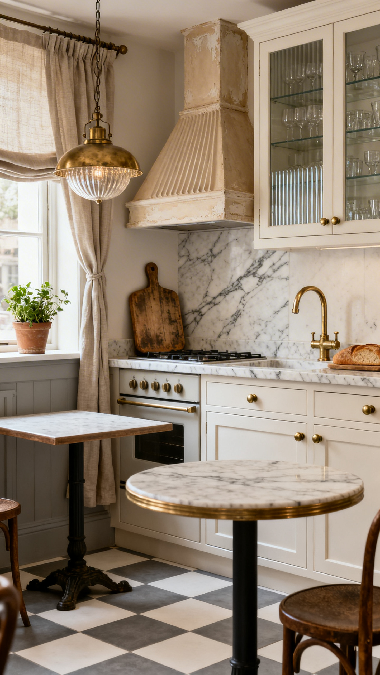 Warm European Bistro: Creamy Neutrals, Brass, and Checkerboard Floors
