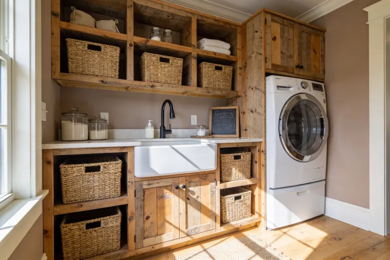 8 Farmhouse Laundry Room Ideas with Warm Wood & Open Shelves: Bright & Cozy